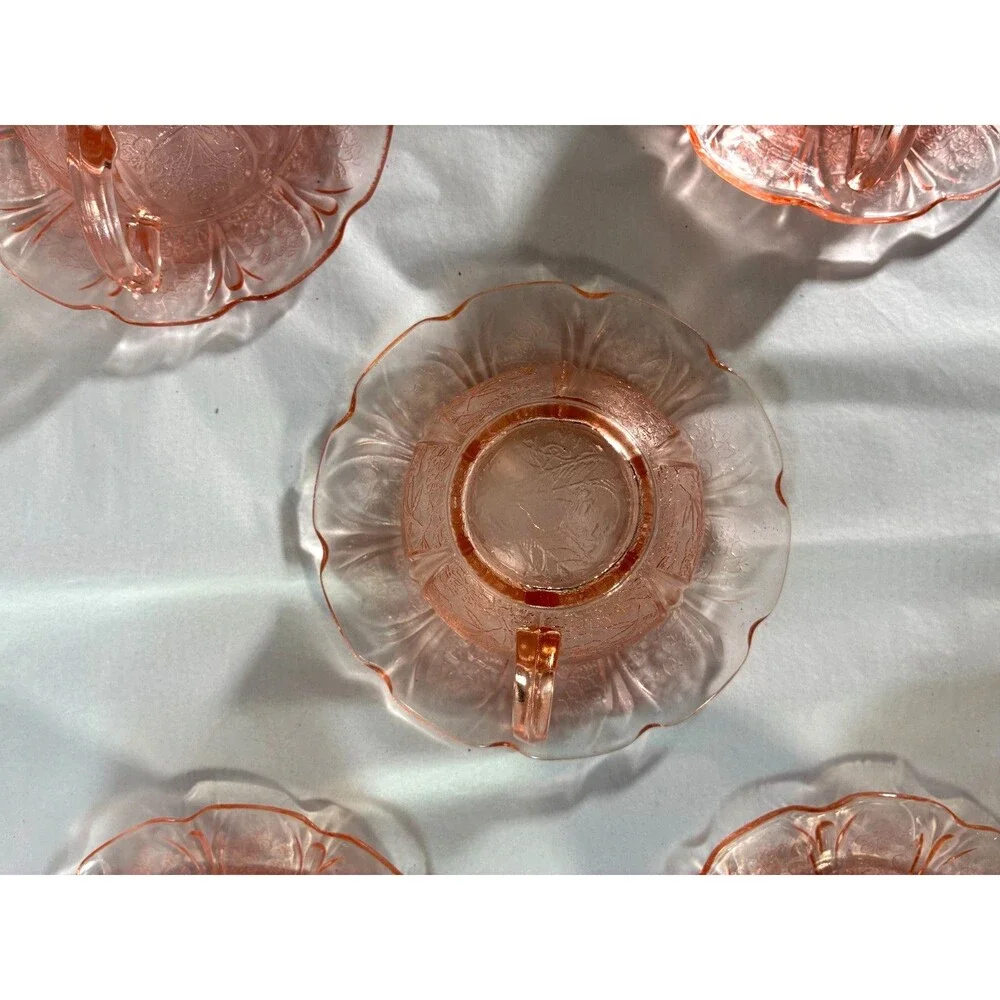 Jeannette Pink Cherry Blossom Depression Glass Cups Saucers 10 Pc Set VTG